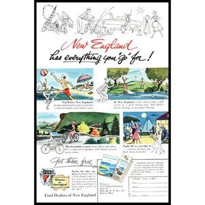 1953 New England Vacation Travel Planner Vintage Print Ad Golf Fishing Wall Art